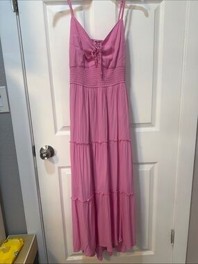 Hollister Pink Tiered Maxi Dress with Lace-Up Bust